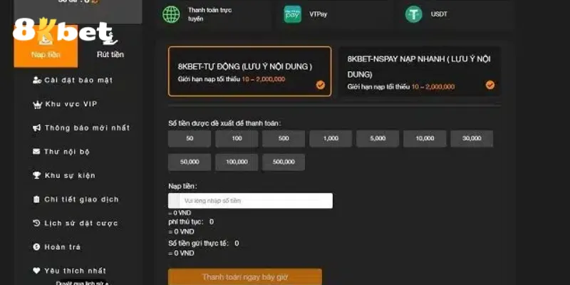 Nạp tiền 8KBET qua nhiều hình thức khác nhau