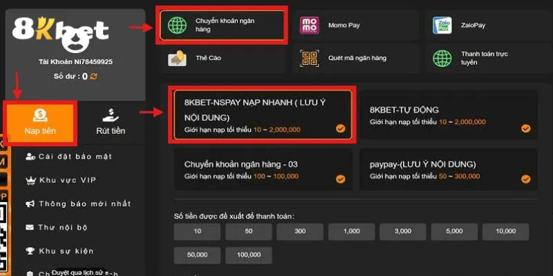 Nhập đầy đủ thông tin nạp tiền 8KBET